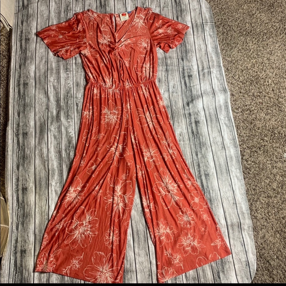 Farm Rio anthropologie floral pantalone dress orange coral size M petite overall